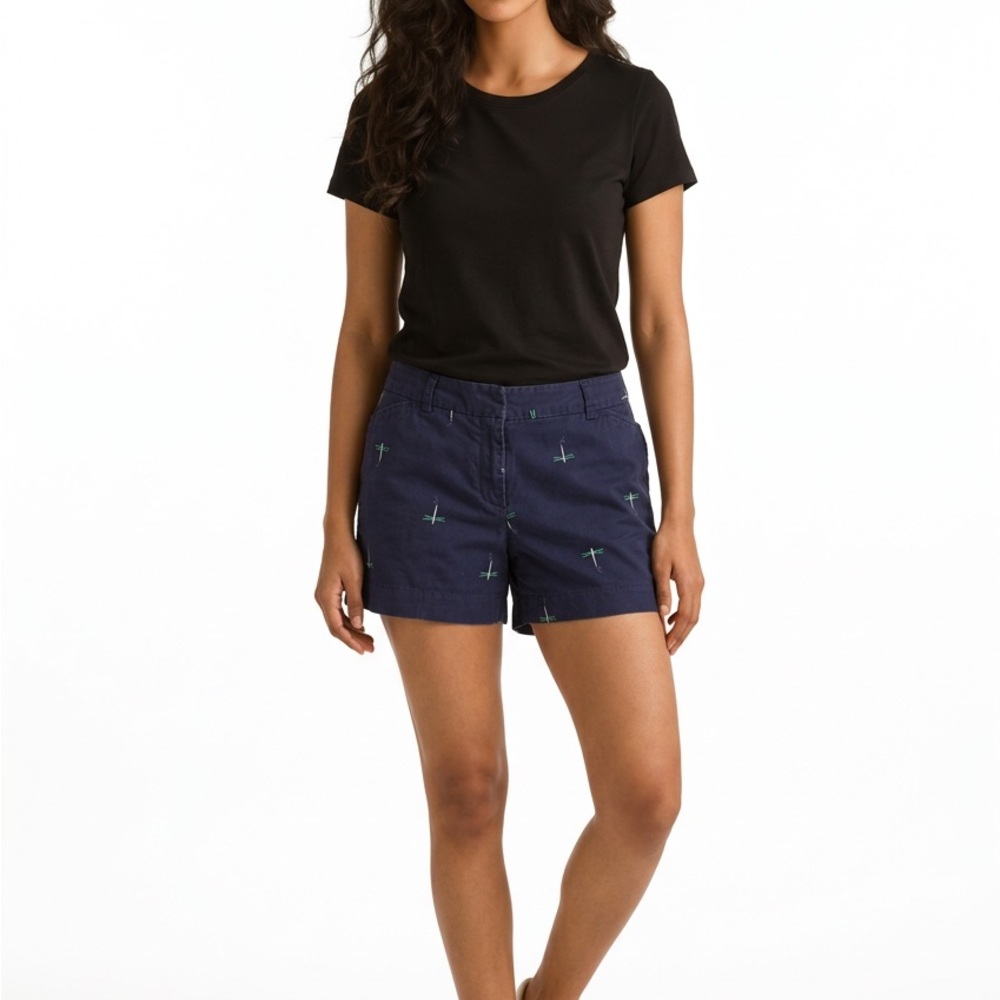 Navy Blue Women's Shorts with Dragonfly Embroidered Design Size 10